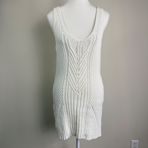 Anthropologie Ivory Pointelle Crochet Open Back Mini Dress Size Large - Picture 4 of 8